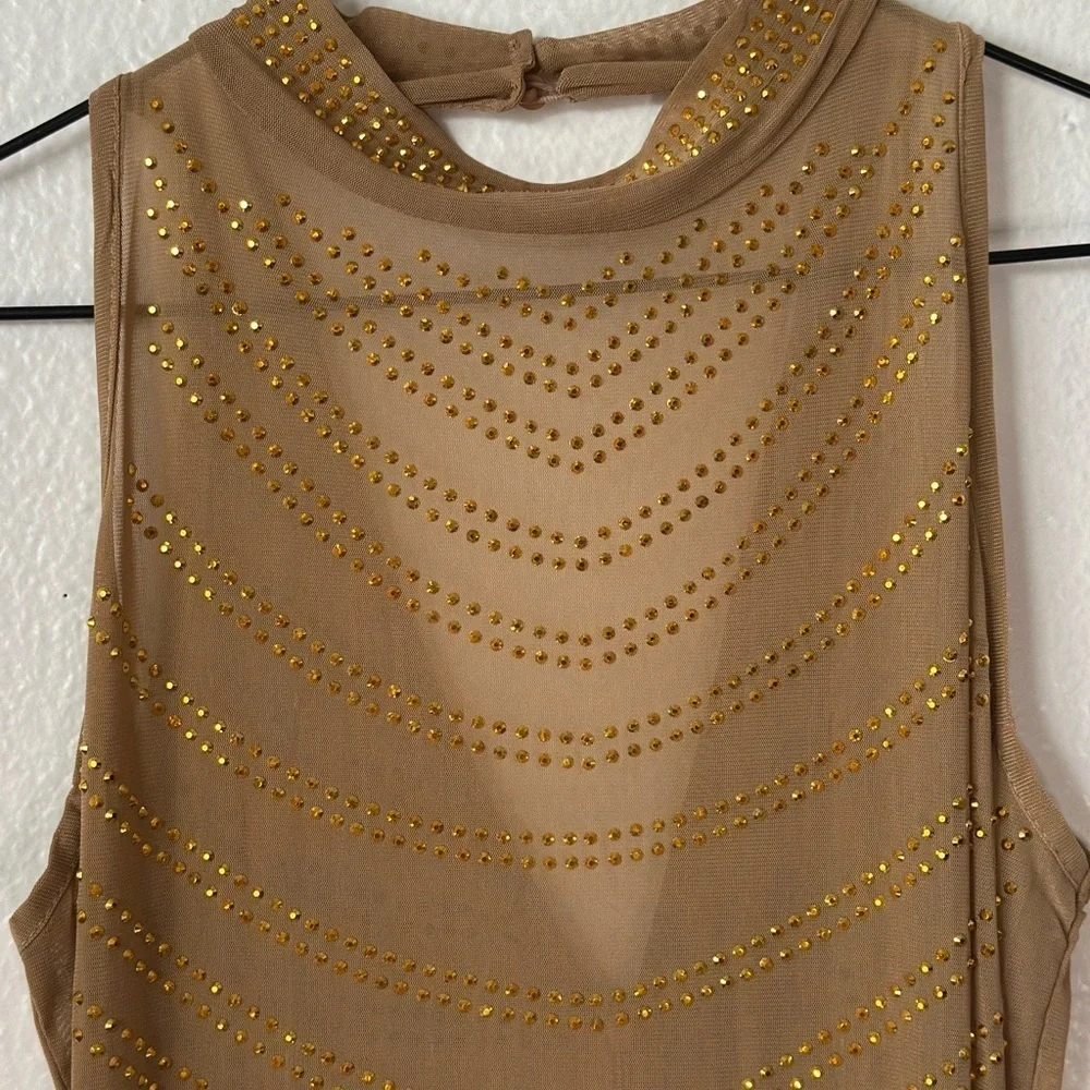 Golden Sheer Gown With Rhinestones Maxi Sleeveless Special Occasions BNWOT
